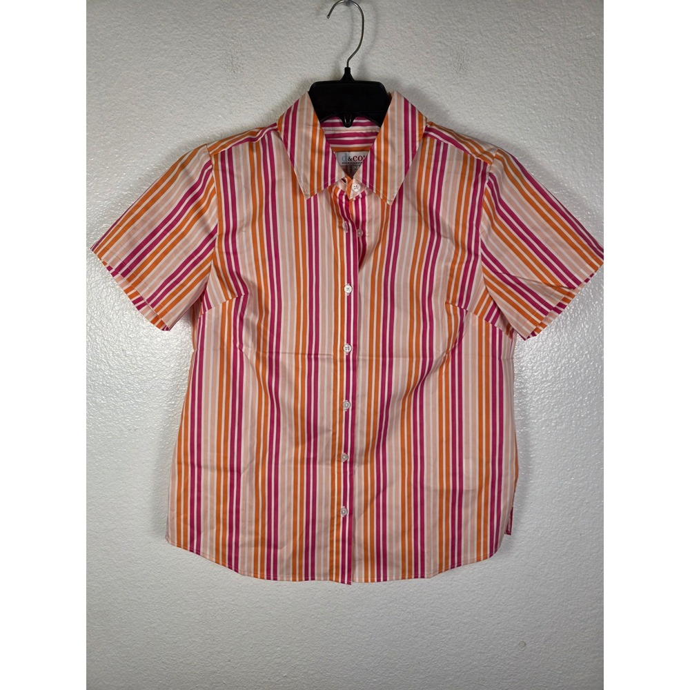 Denim & Co Womens XS Pink Orange Striped Short Sleeve Button Front Shirt Coolmax